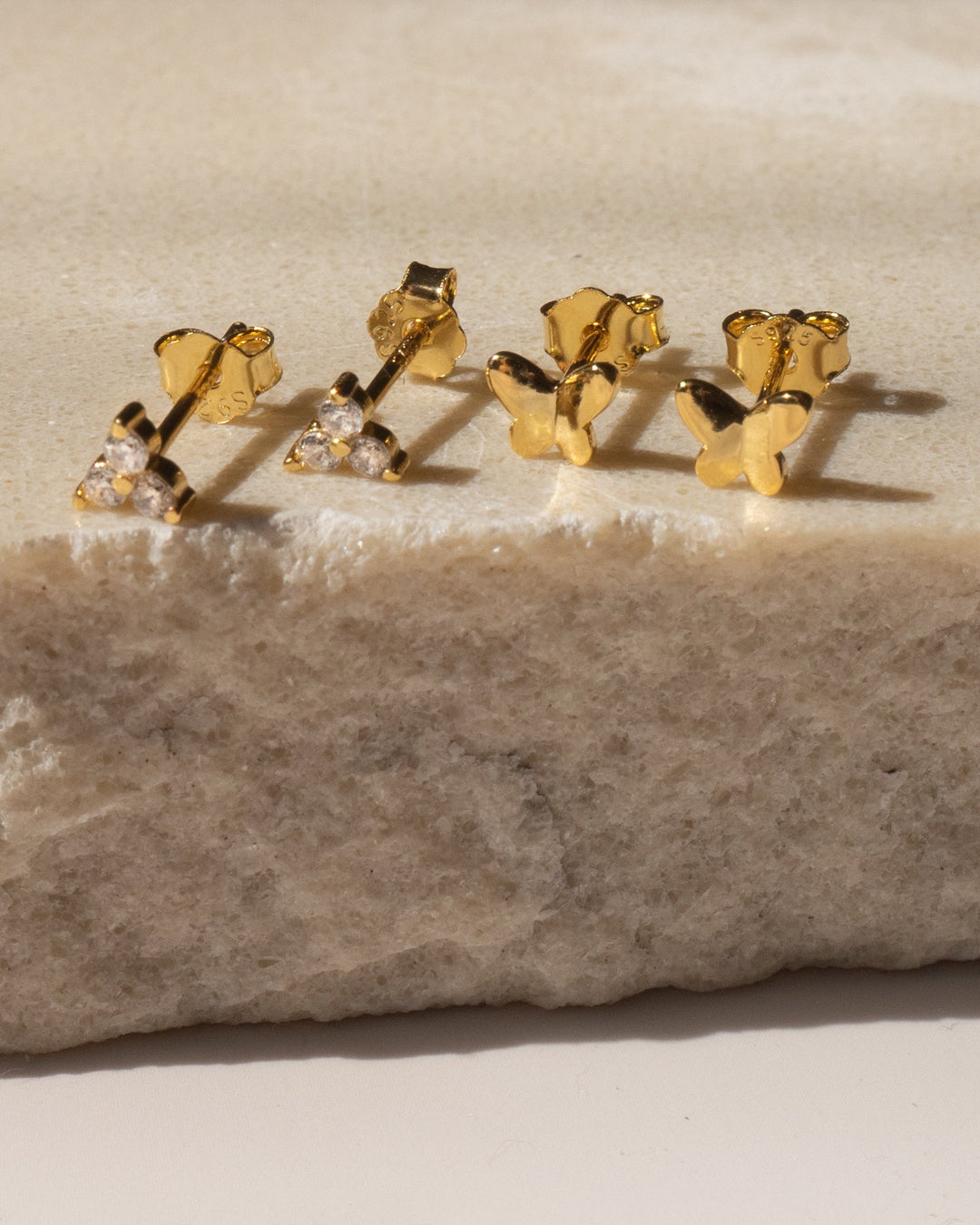 Gold Triple Crystal Flower Stud Earrings