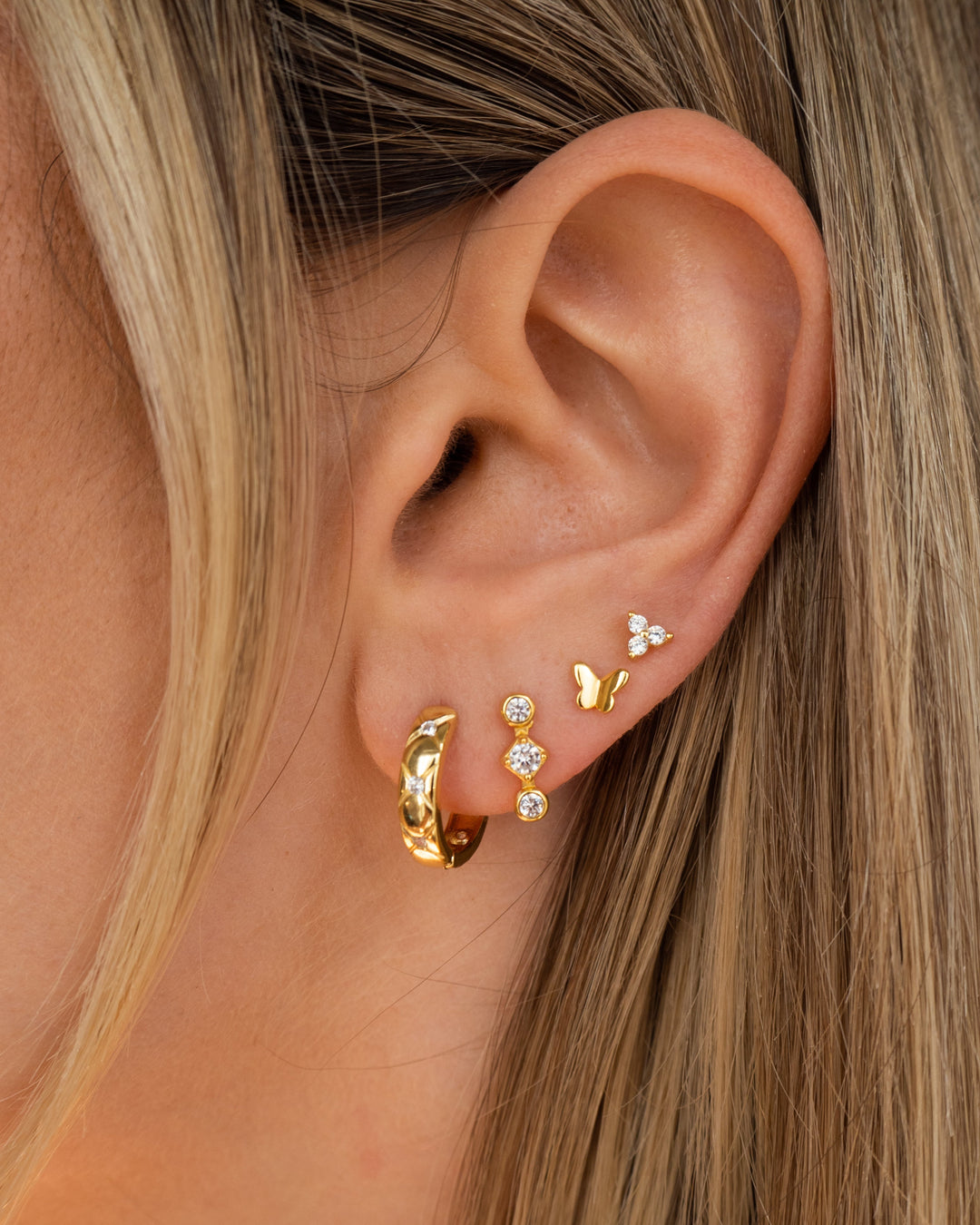 Gold Triple Crystal Flower Stud Earrings