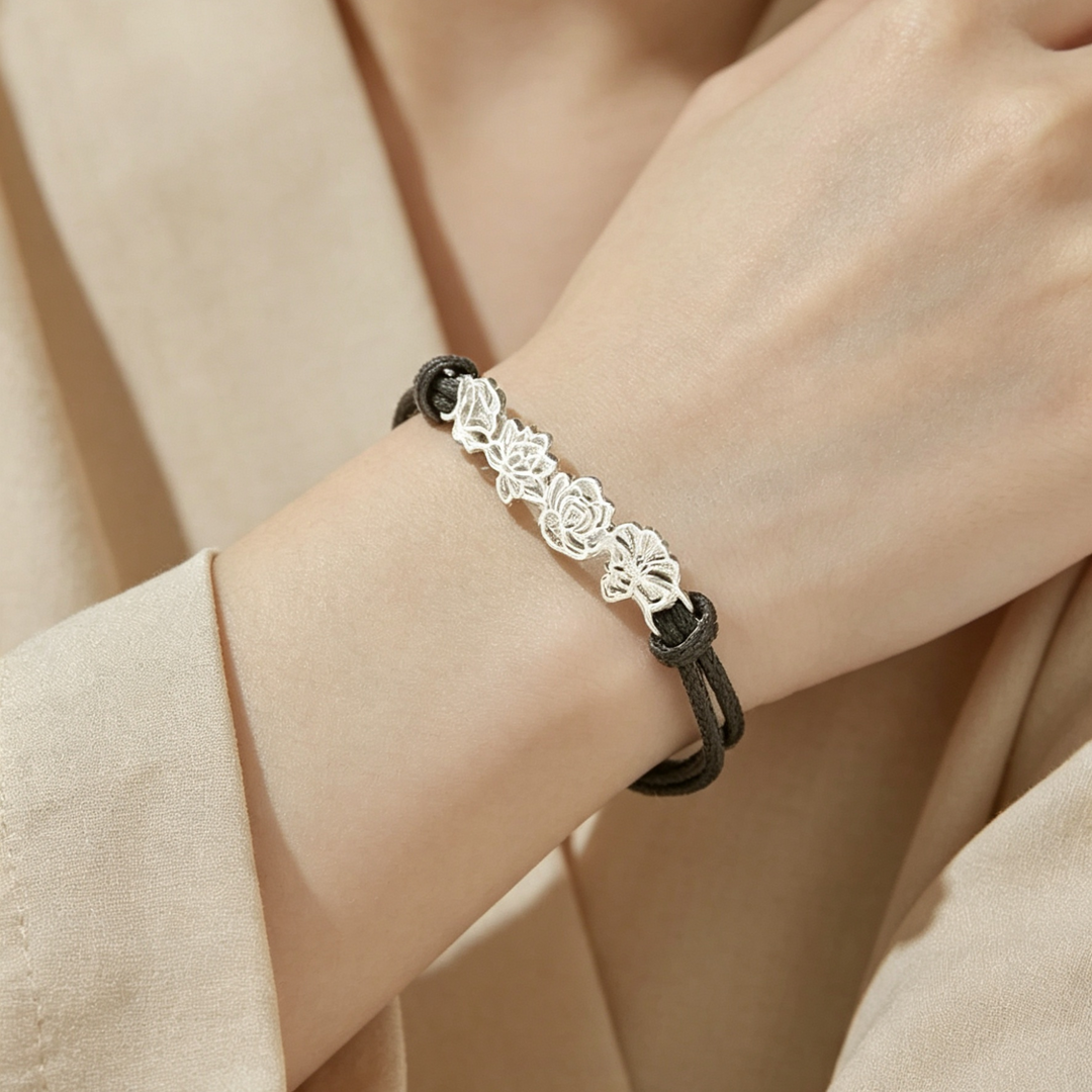 Gold Birth Month Flower Bracelet with Adjustable Leather Cord