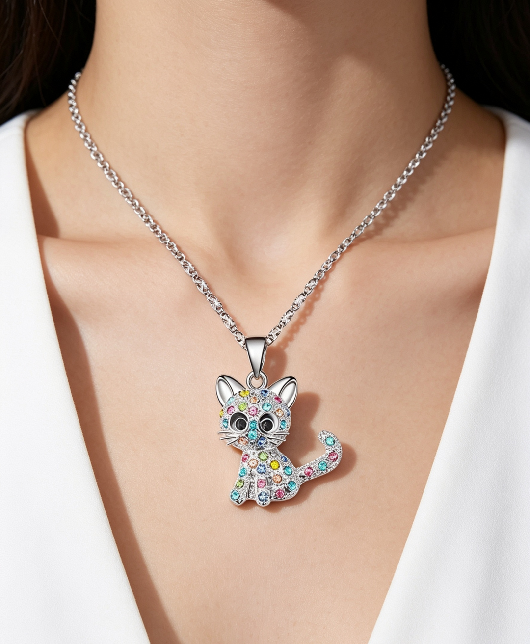 Dainty Zirconia Cat Necklace in Silver