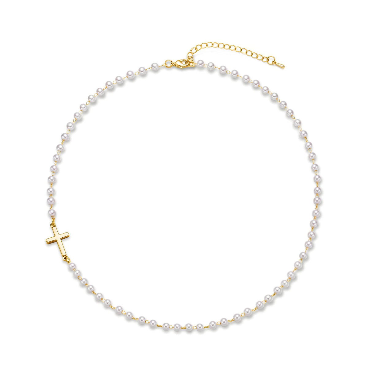 Dainty Faux Pearl Cross Station Choker Necklace pearl necklace with a gold cross pendant displayed on a white background.