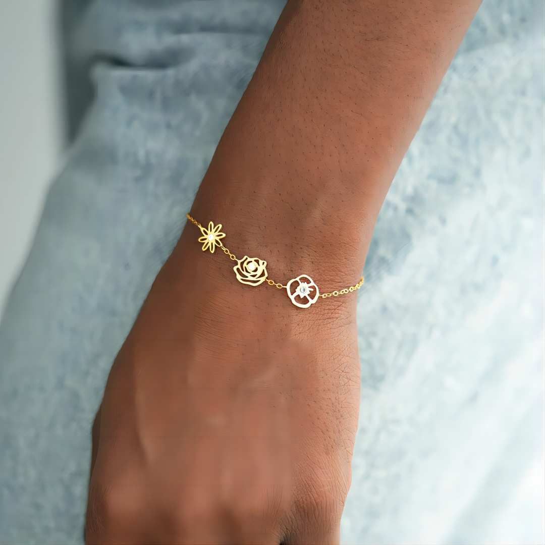 Dainty Birth Flower with Birthstone Bracelet