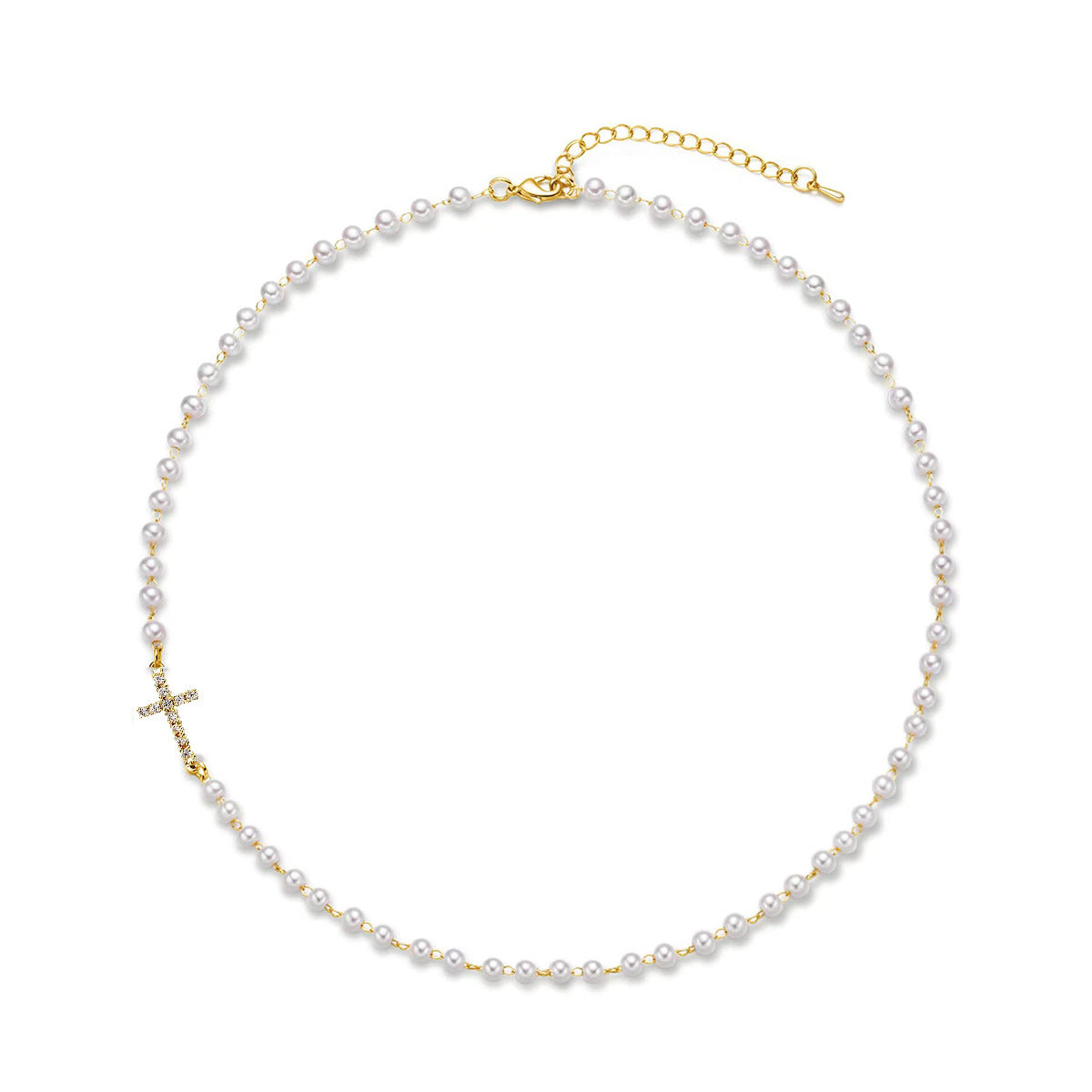 Dainty Faux Pearl Cross Station Choker Necklace pearl necklace with a gold chain and cross pendant displayed on a white background.