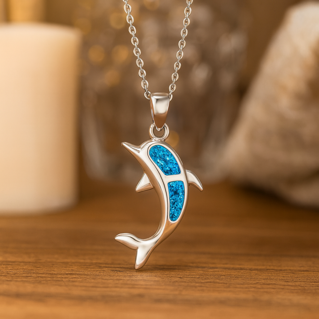 Classic Blue Opal Dolphin Pendant Necklace in Silver
