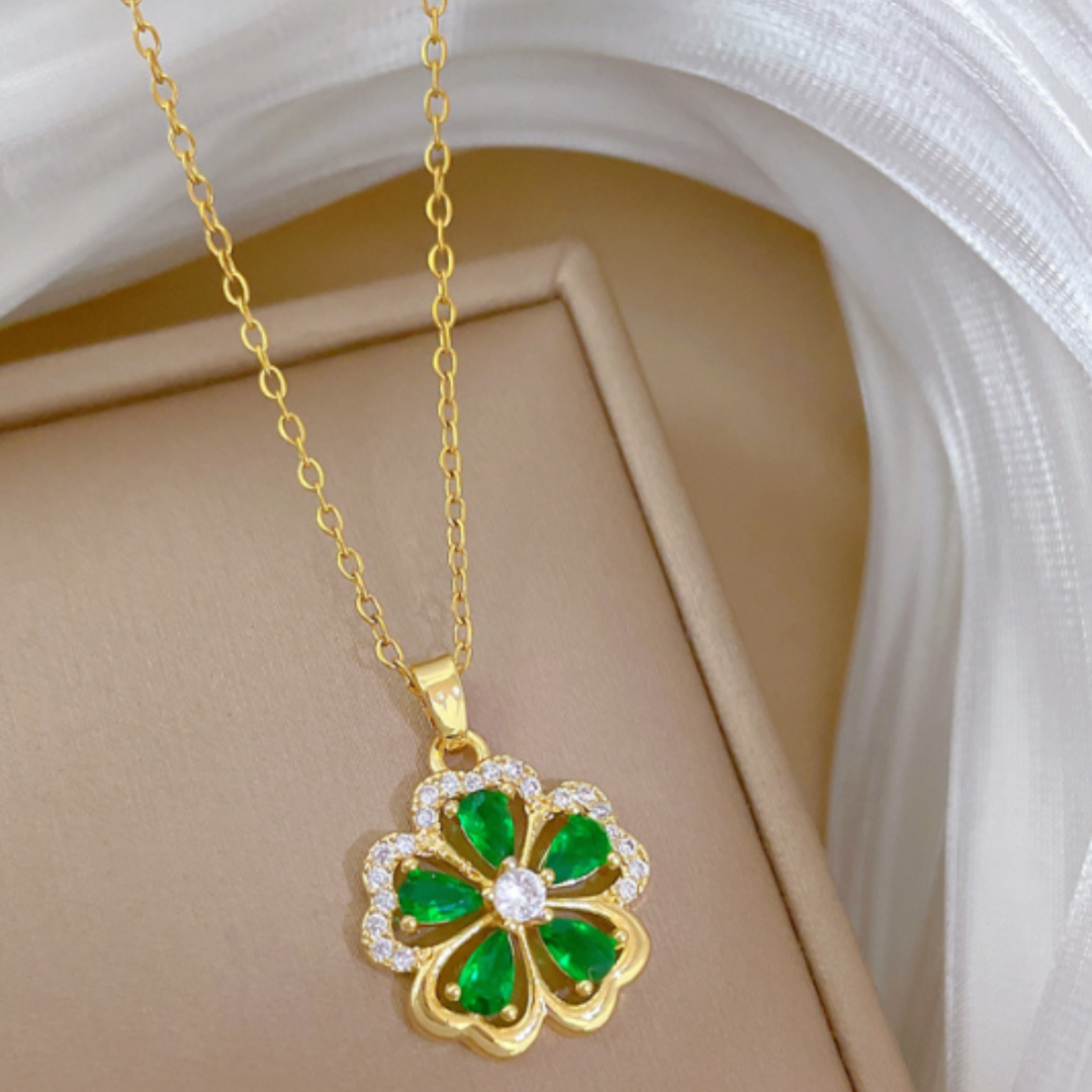 Delicate Green Crystal Clover Pendant Necklace in Gold