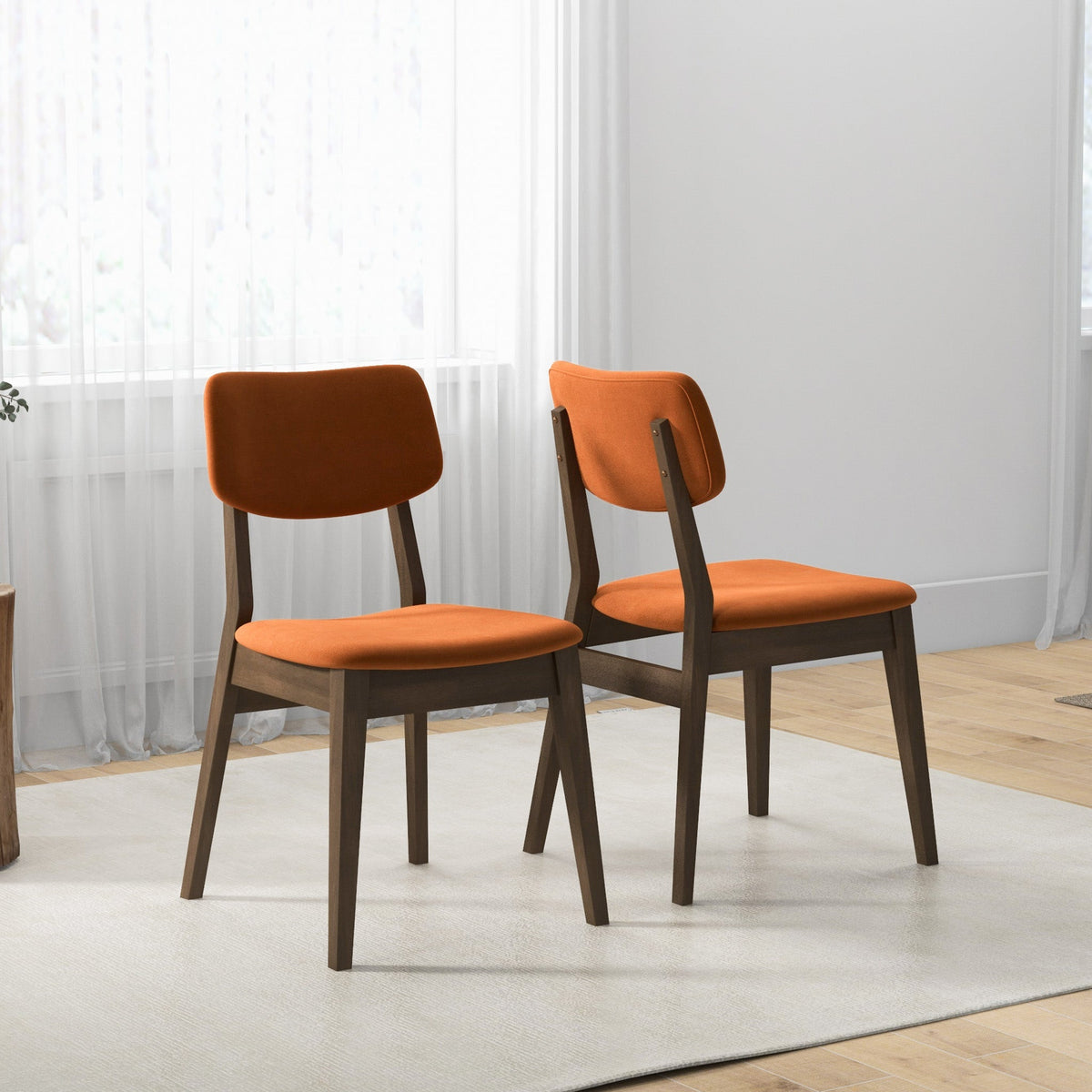 Set of 2 Mid-Century Modern Burnt Orange Velvet Dining Chairs with Solid Back