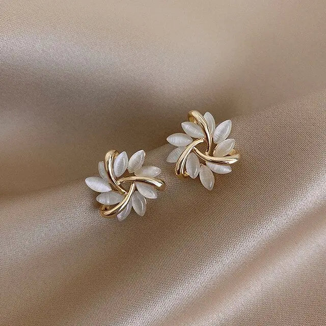 Bohemian White Opal Leaf Stud Earrings in Gold