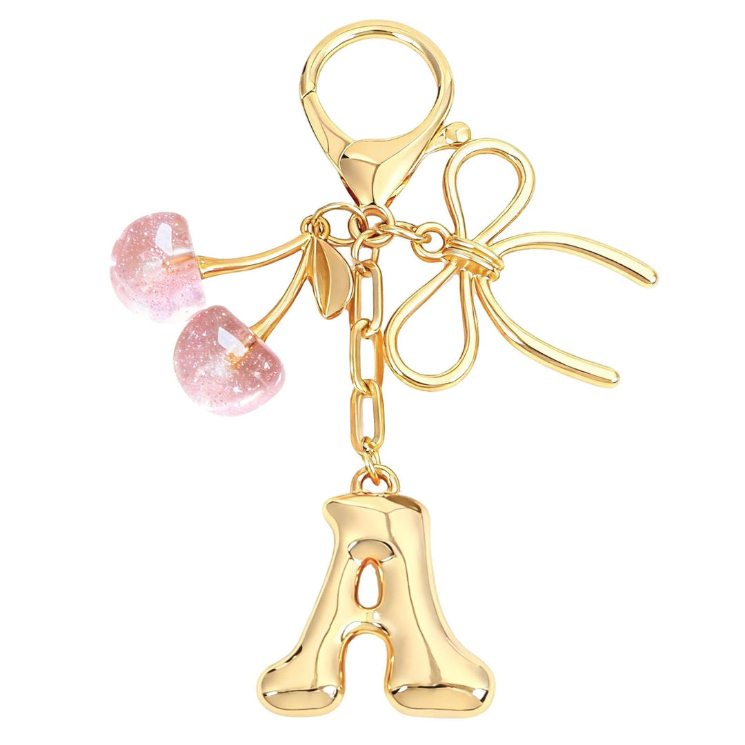 Bubble Initial With Bow & Cherry Charms Keychain