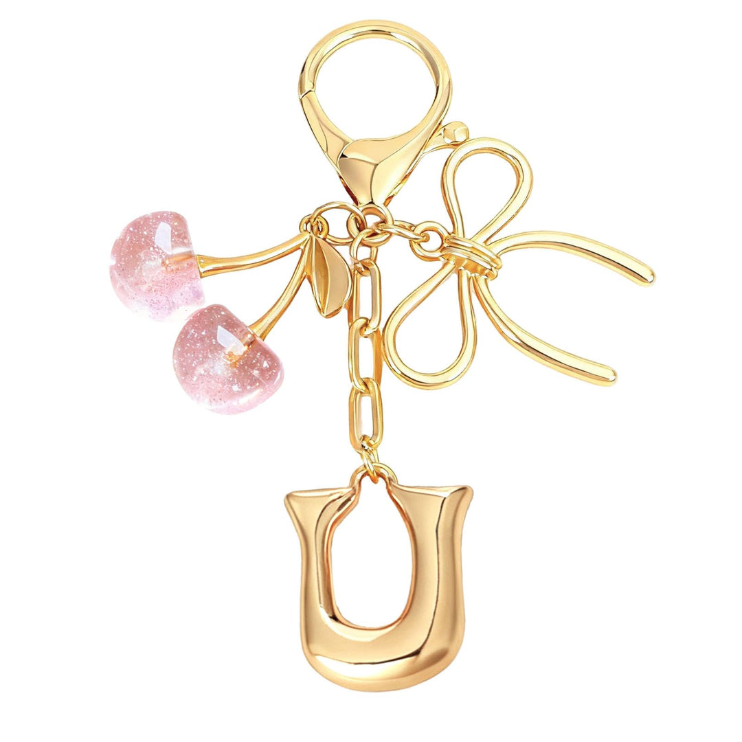 Bubble Initial With Bow & Cherry Charms Keychain