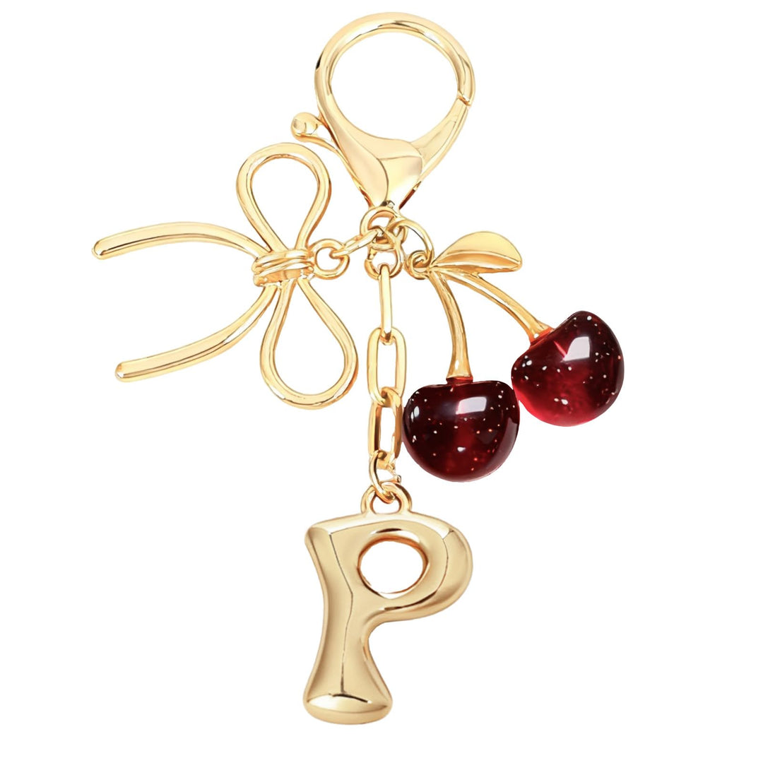 Bubble Initial With Bow & Cherry Charms Keychain