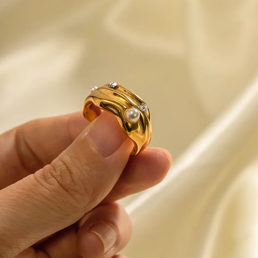 Textured Pearl & Diamond Accented Ring
