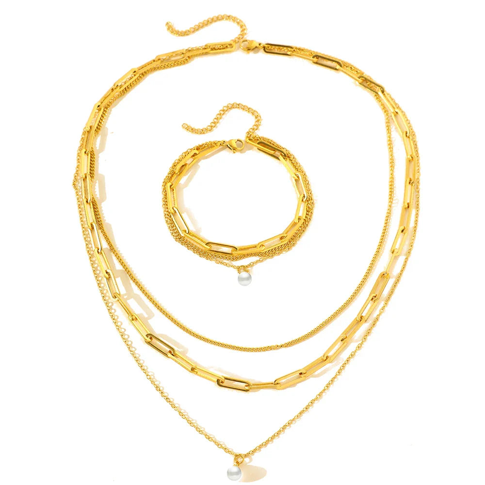 Paperclip & curb chain dainty pearl bracelet and necklace stack set