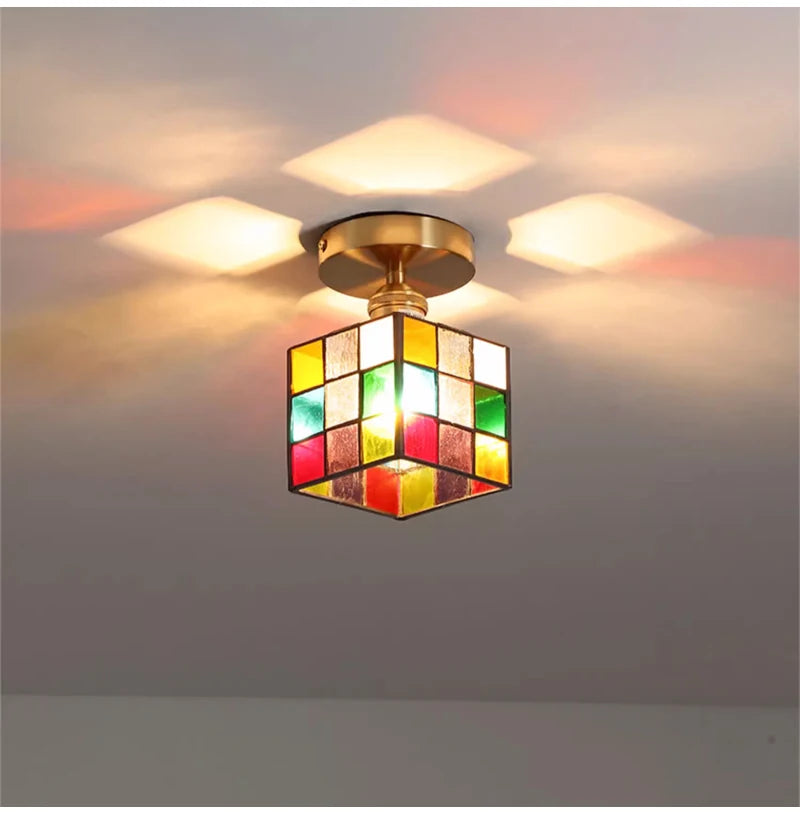 Vintage Rural Colored Glass Lamp Pendant Light Fixture