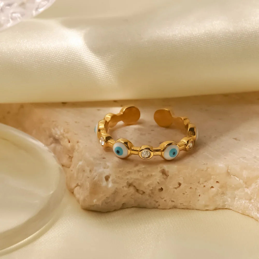 Adjustable dainty evil eye diamond ring