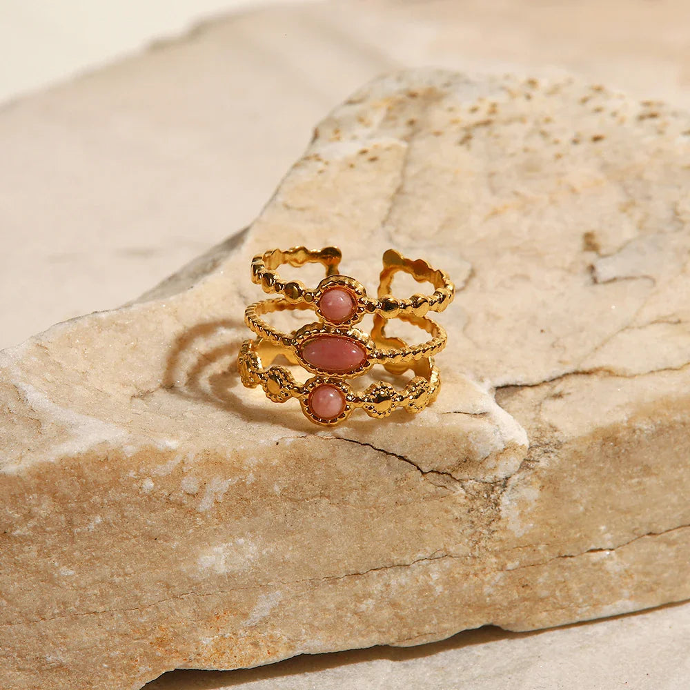 18k triple rose stone ring stack