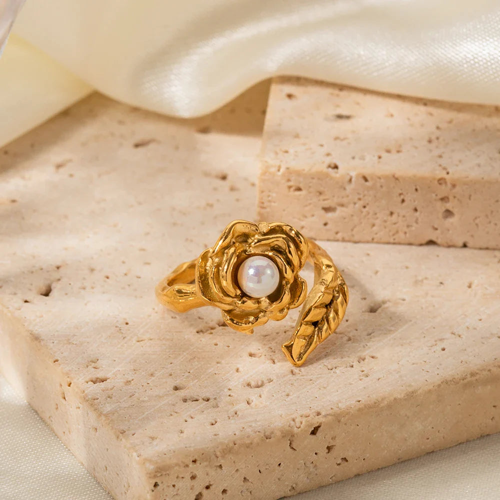 Adjustable Pearl Camellia Flower Ring
