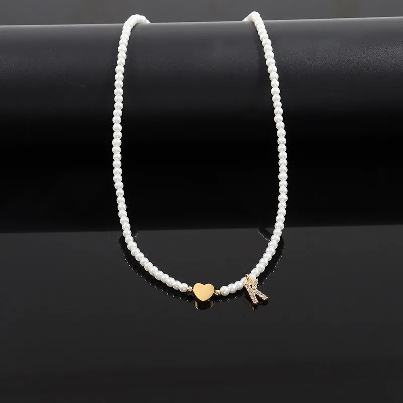 Dainty Beaded Heart Initial Necklace