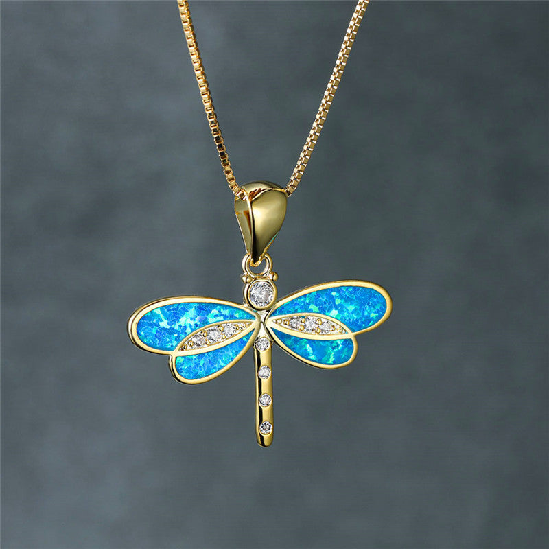 Classic Opal Dragonfly Necklace in Gold