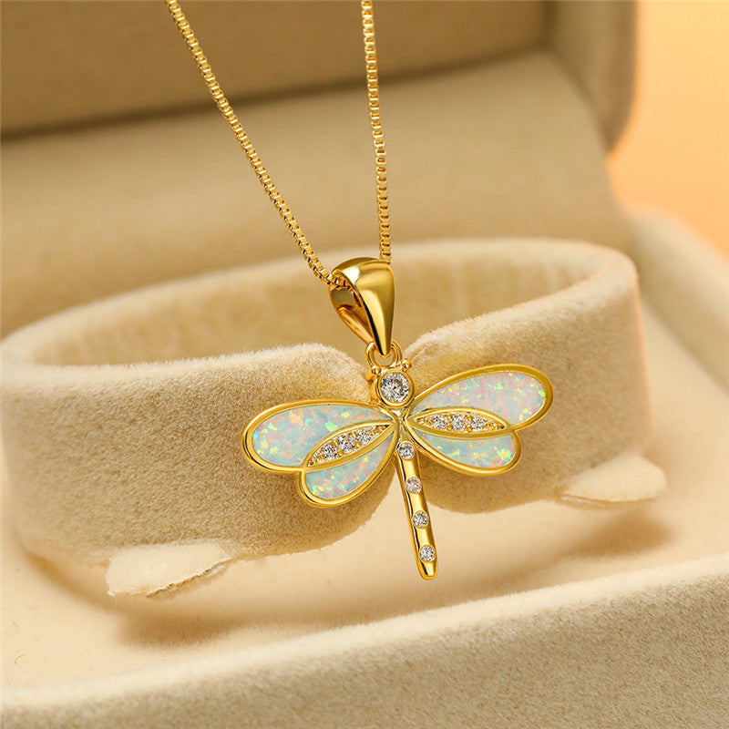 Classic Opal Dragonfly Necklace in Gold