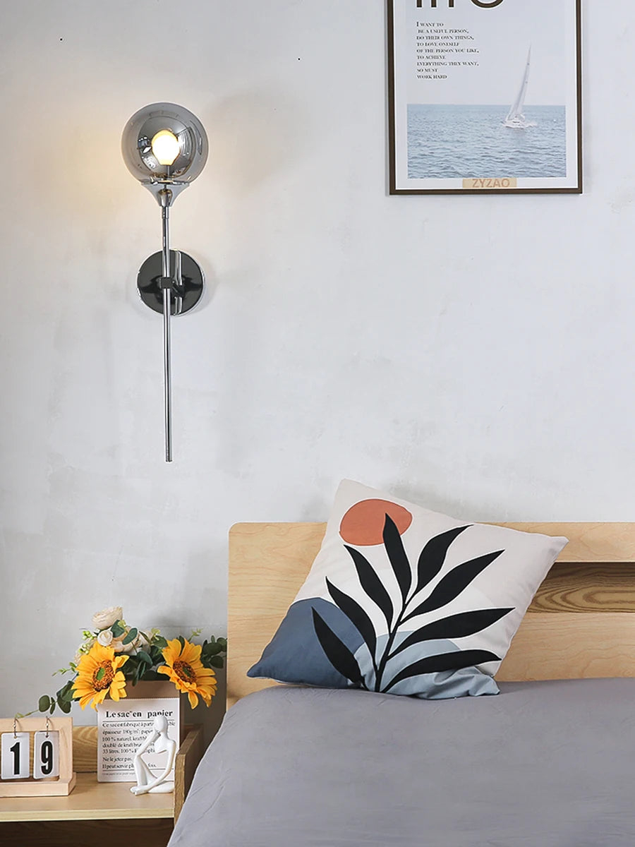 Modern Glass Globe Wall Lamp Light Fixture in Silver Frame