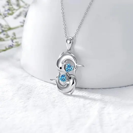 Elegant Blue Crystal Dolphin Necklace in Silver