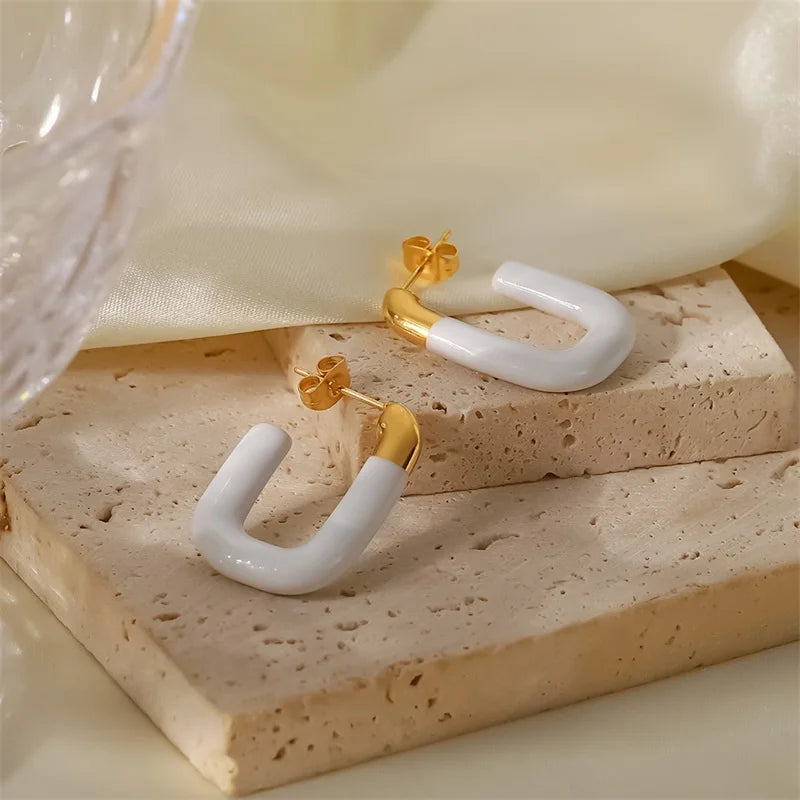 Modern gold tips geometric white earrings