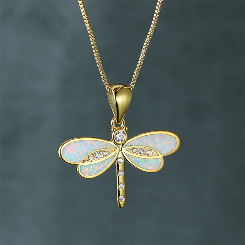 Classic Opal Dragonfly Necklace in Gold