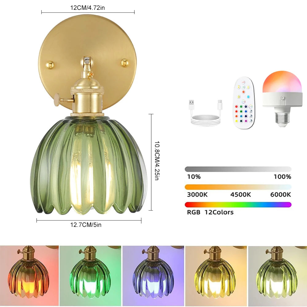 Retro Petal Glass Wall Lamp With Remote Control &amp; Rechargeable Bulb