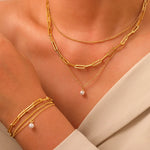 Load image into Gallery viewer, Paperclip &amp; Curb Chain Dainty Pearl Bracelet and Necklace Stack Set
