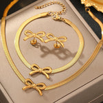 Load image into Gallery viewer, Feminine Bow Herringbone Chain Necklace, Bracelet, and Earring Set
