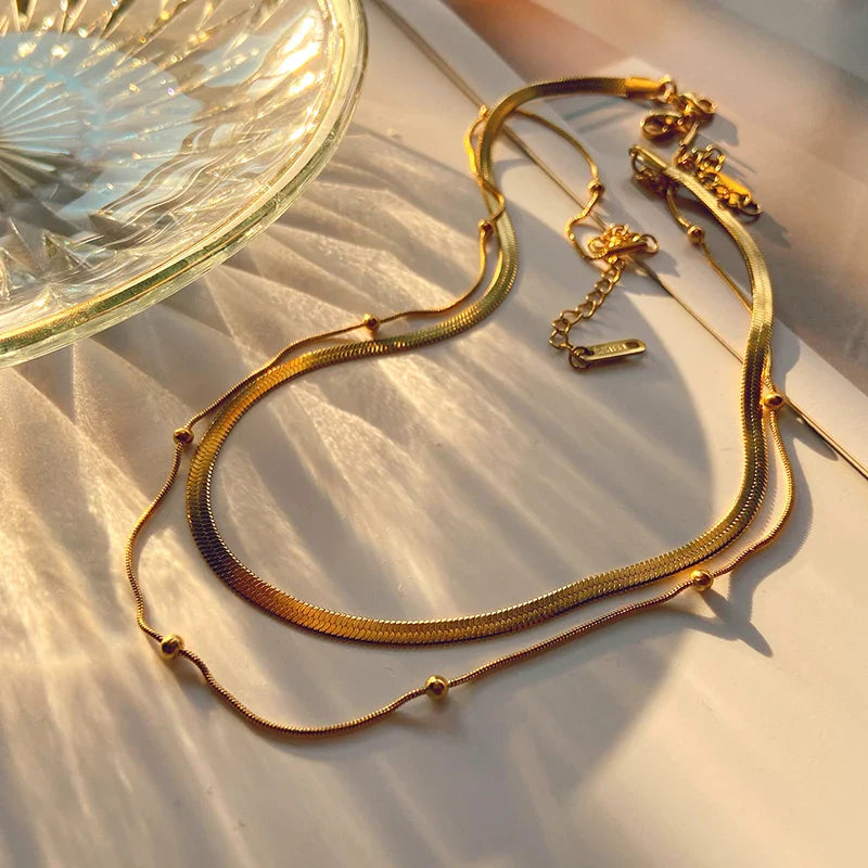 14k herringbone & satellite chain necklace stack
