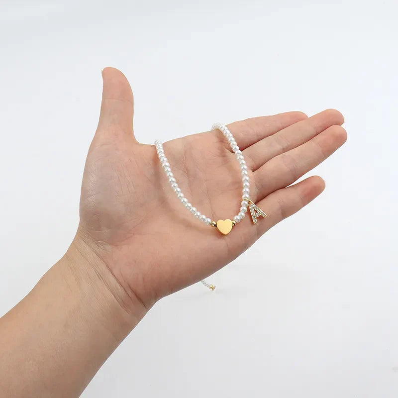 Dainty Beaded Heart Initial Necklace