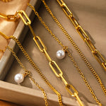 Load image into Gallery viewer, Paperclip &amp; Curb Chain Dainty Pearl Bracelet and Necklace Stack Set
