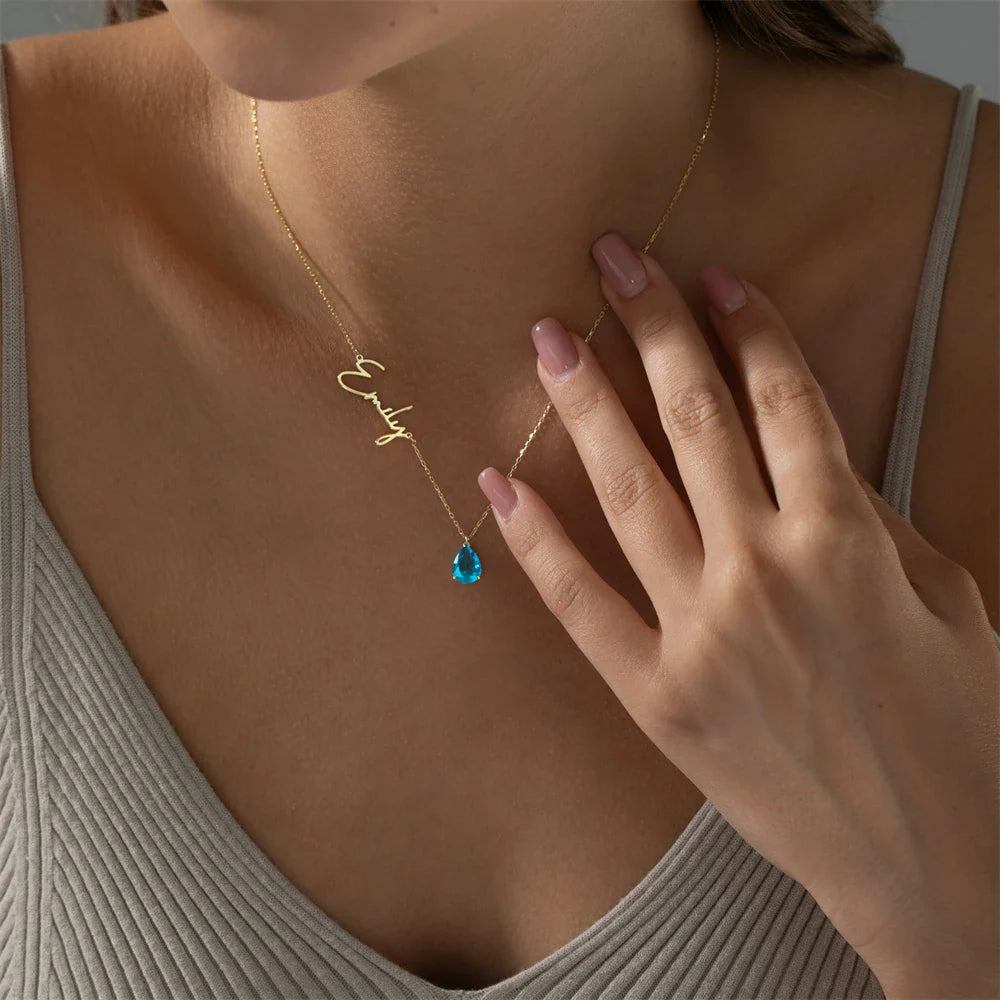 Dainty name & teardrop birthstone necklace