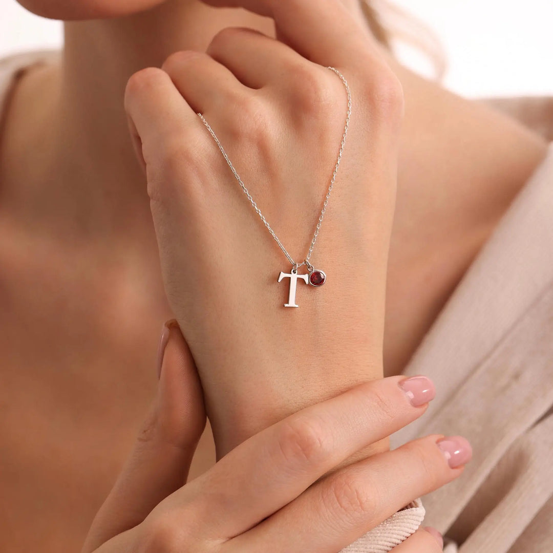 Dainty Serif Initial & Birthstone Necklace