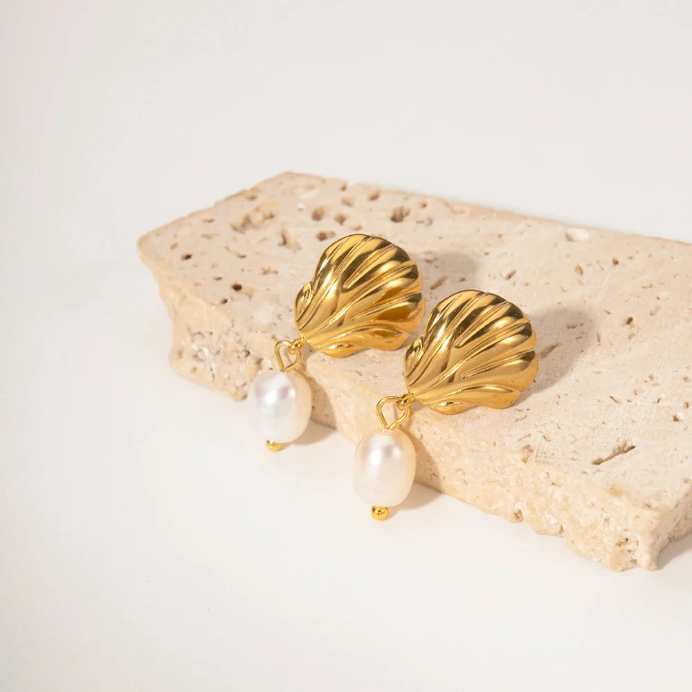 Dainty sea shell pearl earrings