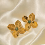 Load image into Gallery viewer, 18k Green Stone Floral Stud Earrings
