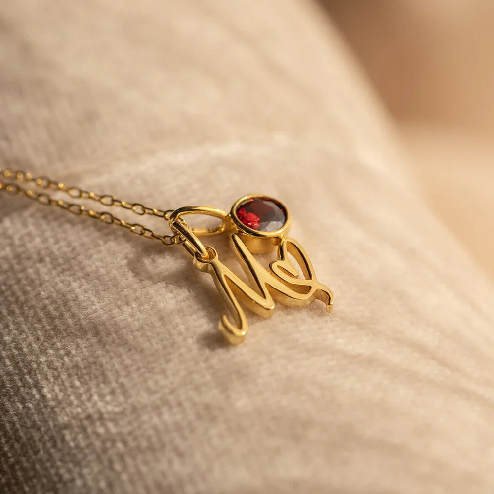 Dainty Cursive Letter Initial Heart Birthstone Necklace
