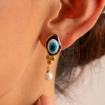 Load image into Gallery viewer, 18k Evil Eye Pearl Drop Earrings
