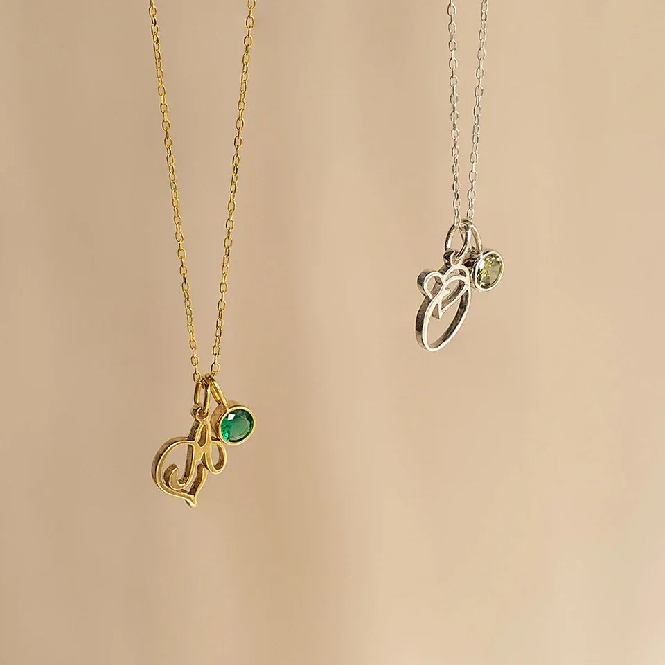 Dainty Cursive Letter Initial Heart Birthstone Necklace