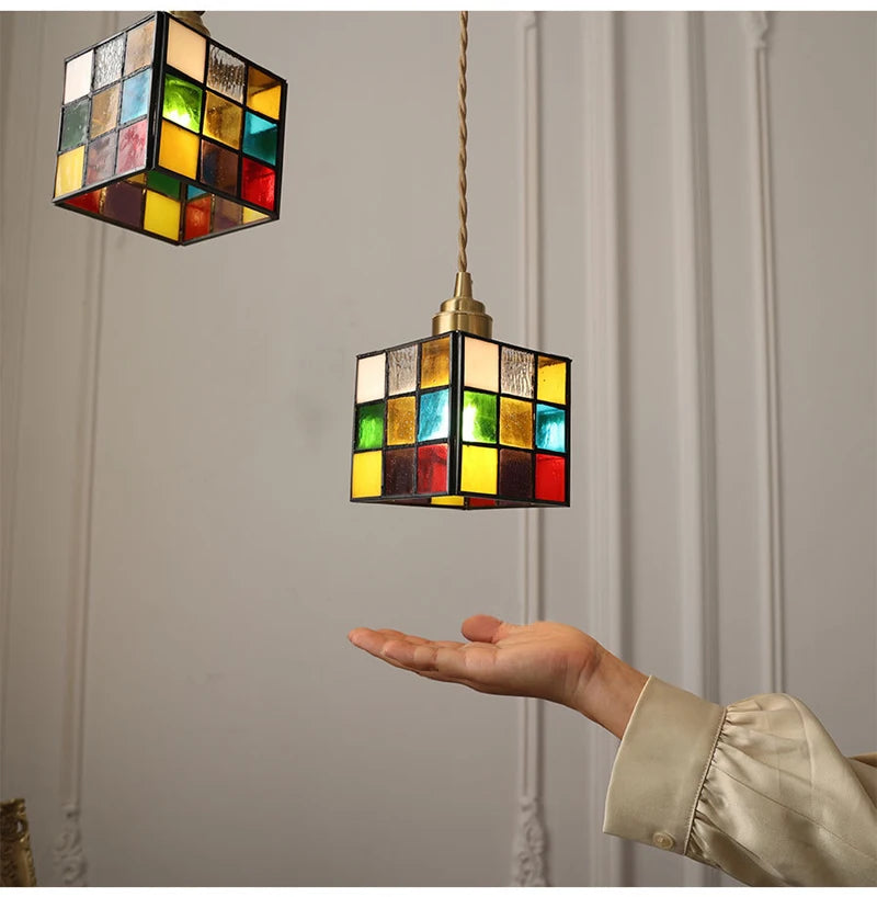 Vintage Rural Colored Glass Lamp Pendant Light Fixture