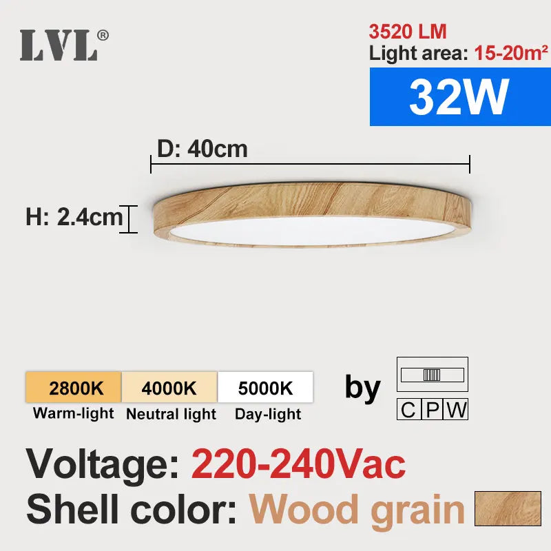 Modern Wood Grain LED Ceiling Light With Three Color Options