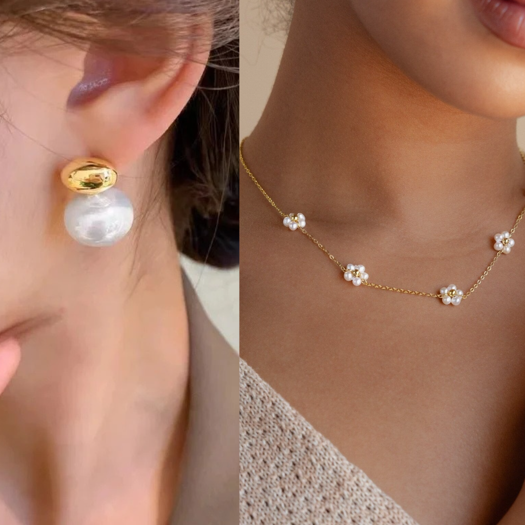 Timeless pearl daisy necklace & earrings set