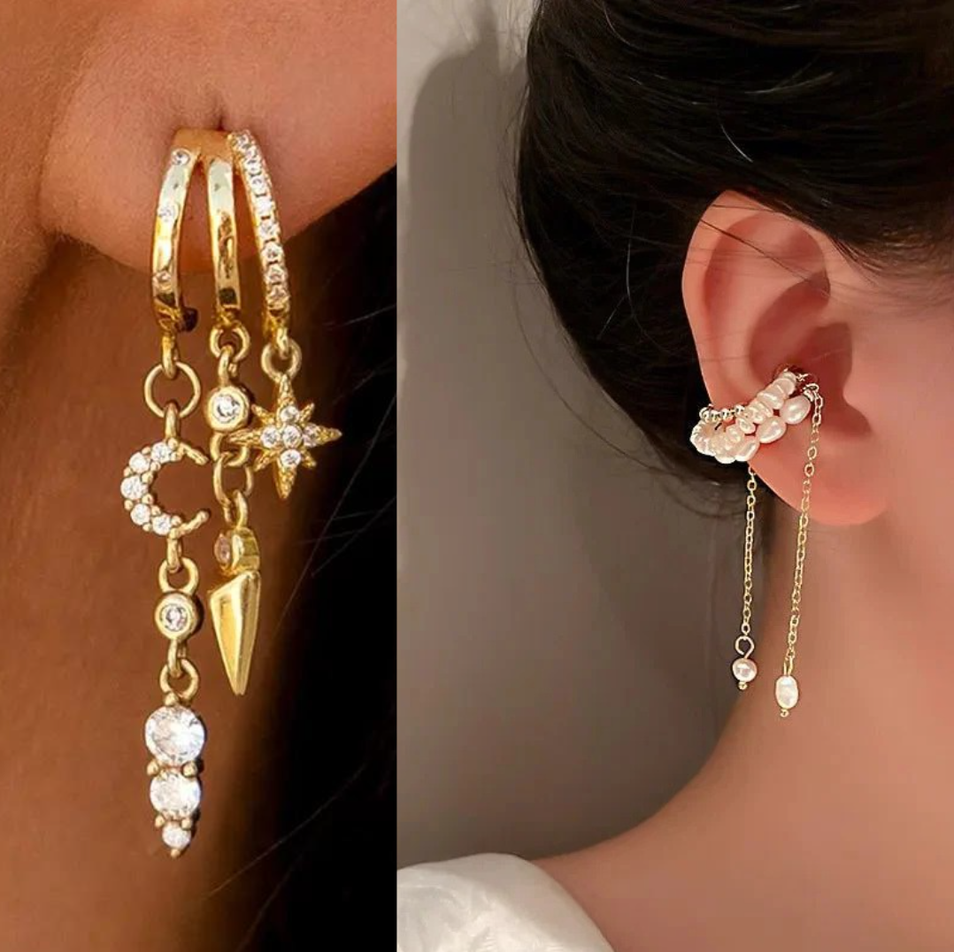 Stackable 14k Gold Triple Huggie & Pearl Ear Cuff Set