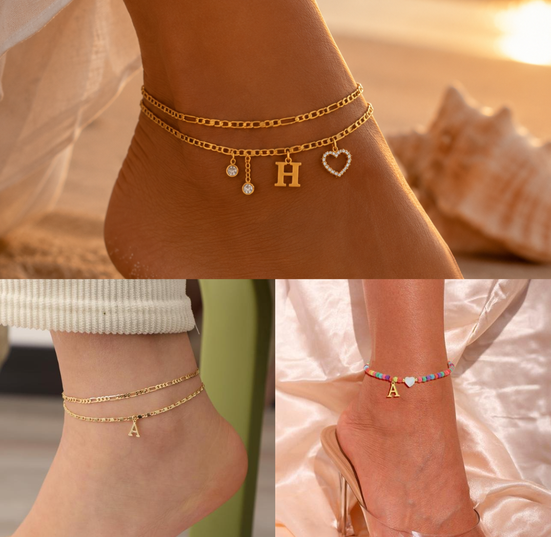 Personalized Initial Anklet Bundle | Classic Letter, 14k Serif Letter & Colorful Pearl Heart Sets
