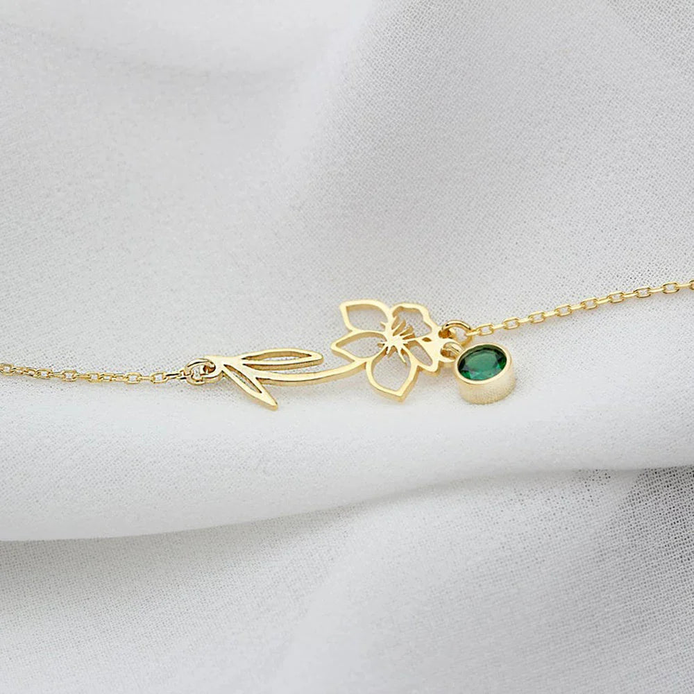 Dainty birth flower & birthstone chain bracelet