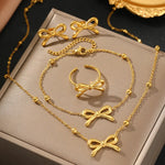 Load image into Gallery viewer, Feminine Bow Satellite Chain Necklace, Bracelet, Earrings, and Ring Set
