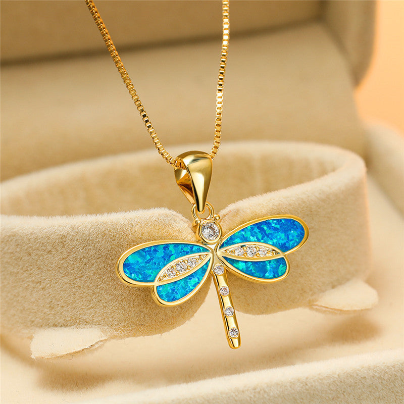 Classic Opal Dragonfly Necklace in Gold