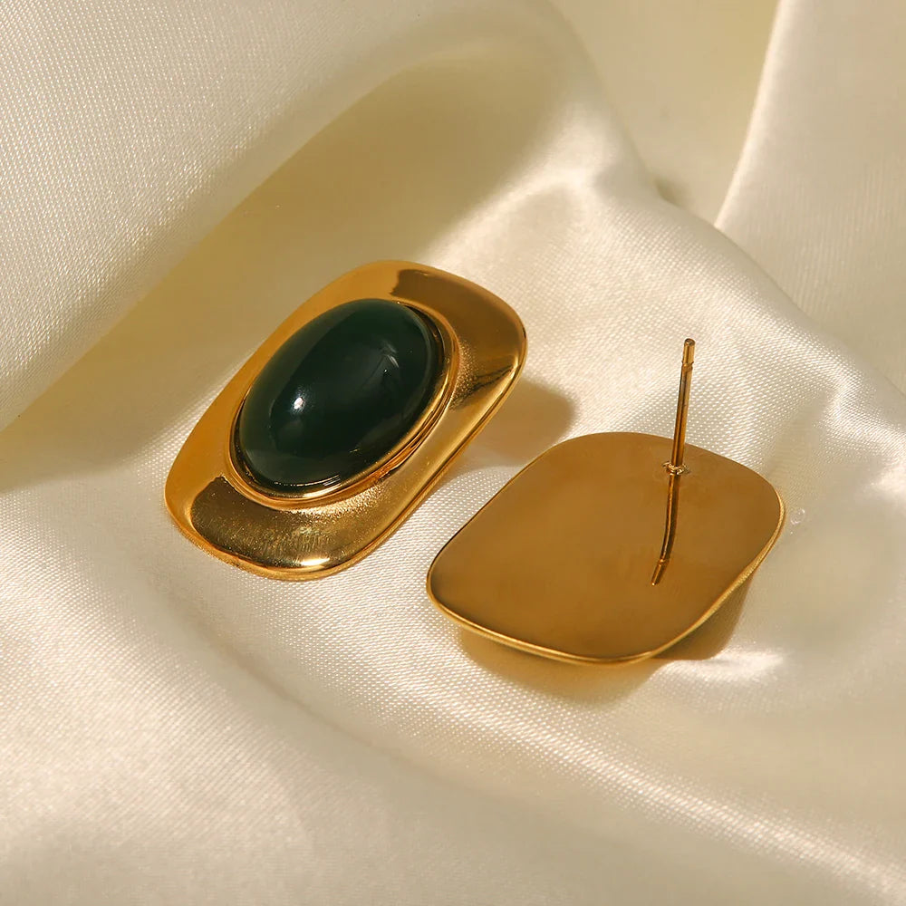 18k Green Oval Opal Rectangle Earrings