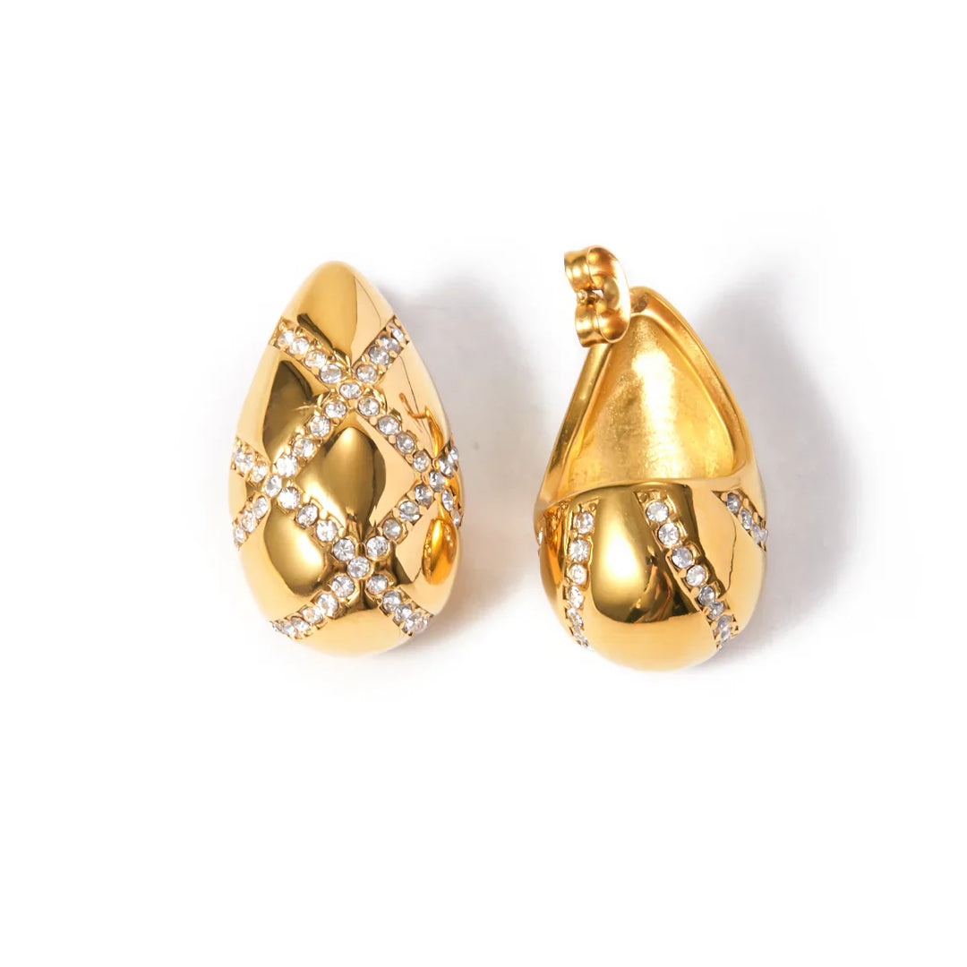 Dainty Gold Diamond Striped Droplet Earrings